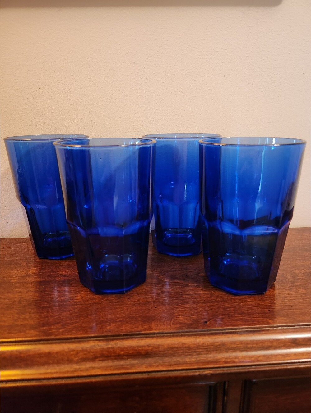 Set Of 4 Vintage Libbey "Boston" Crisa Cobalt Blue 8 Panel Tumblers, 5.5", 16oz.